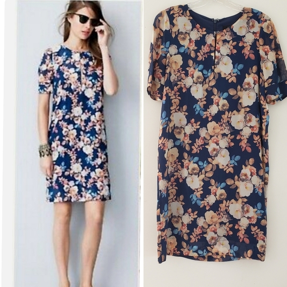 J. Crew Dresses & Skirts - J.CREW Antique Floral Silk Shift Dress Womens Size 00 Navy Blue Short Sleeves